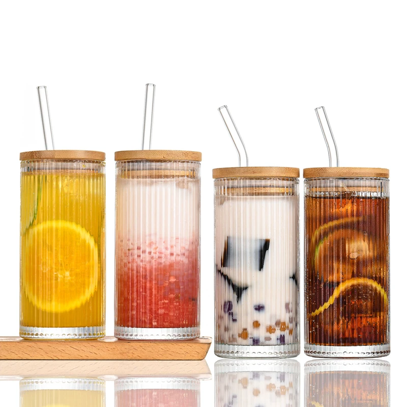 

Bamboo Cover Glass Beverage Jars, Sealed Glass Cup with Glass Straw, Beer Cups, Stacked Cups, 380ml, 12oz, 4 Units