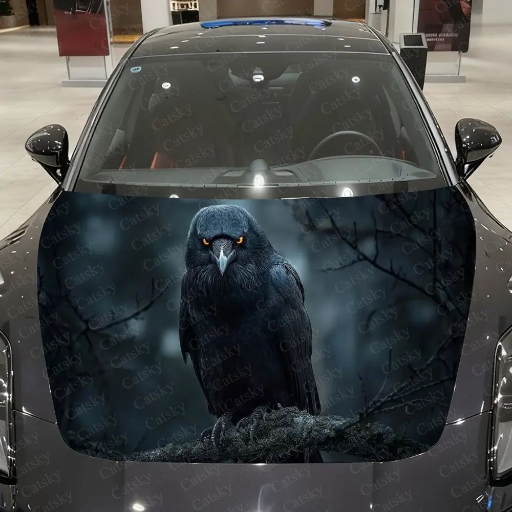 Flame-Pupil Raven Car Vinyl Wrap, PVC Waterproof Car Hood Sticker, Self-Adhesive Scratch-Resistant Stickers for Engine Cover