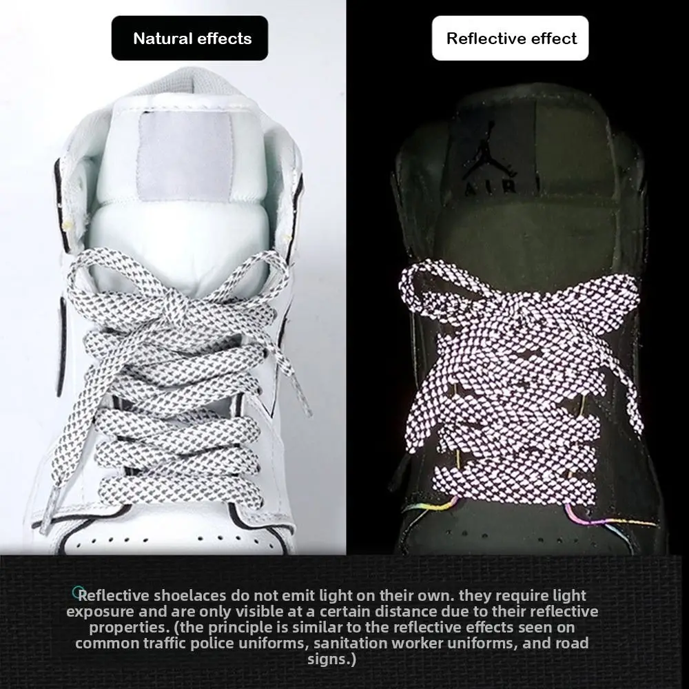 أربطة الحذاء العاكسة ذات الوجهين، تصميم مسطح، أربطة الحذاء المضيئة الداكنة، عاكسة ملونة، لون أسود وأبيض