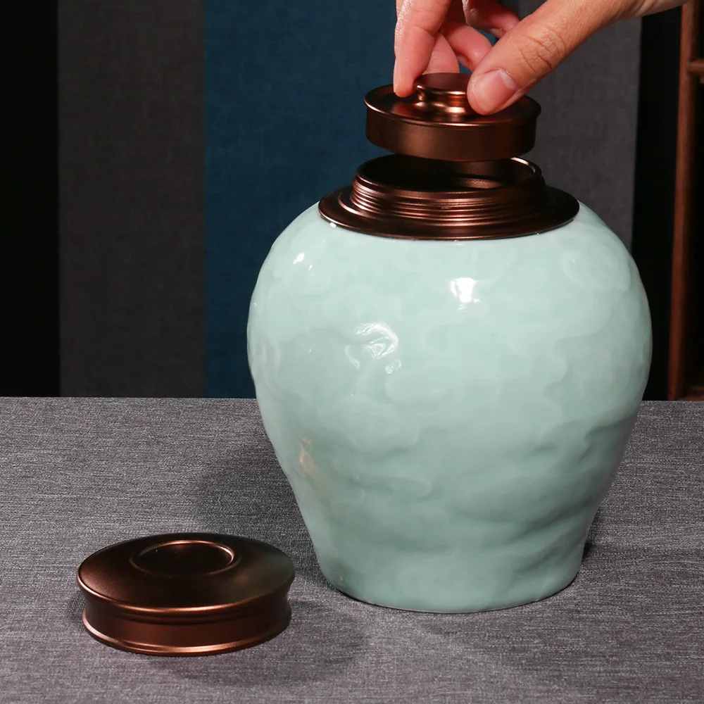 

Relief Cyan Ceramic Tea Double-layer Alloy Lid Sealed Jar Decoration Porcelain