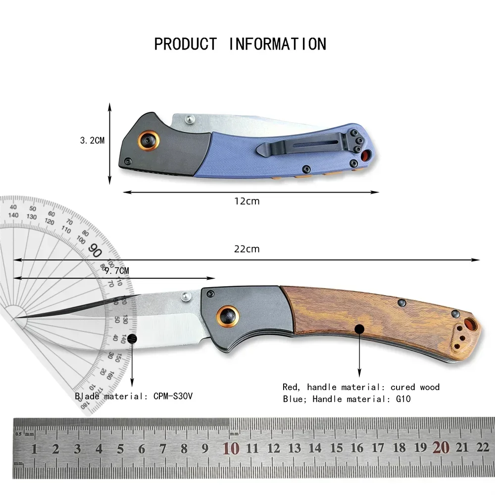 BM 15080 Folding Knife CPM-S30V Blade Blue G10/Red Wood Handle Outdoor Camping Survival Pocket Knife Hiking EDC Tool