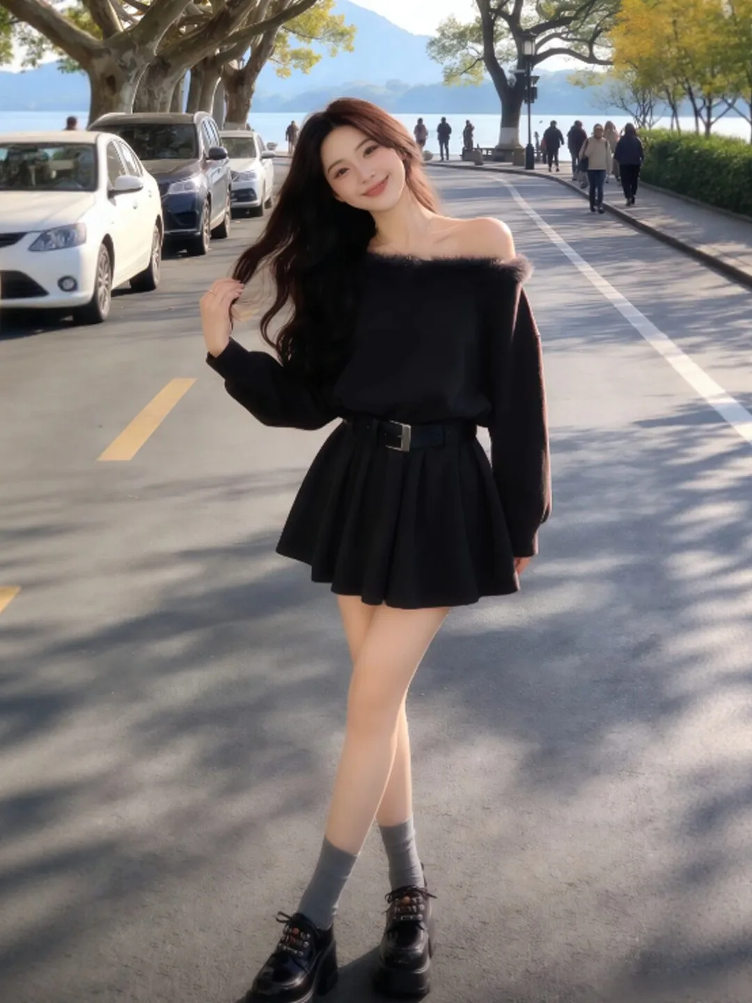 

Korean Sle Gentle High Waist Puffy ort Skirt One oulder Dr Spring New Faion Retro Pure Color Long Sve Women's D...