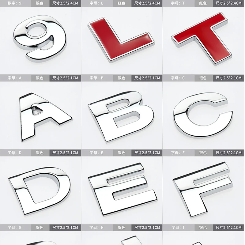 1Pcs 3D Metal 45mm 25mm DIY Letters Alphabet Emblem Numbers Chrome Labeling Car Sticker Digital Badge Accessories Motorcycle