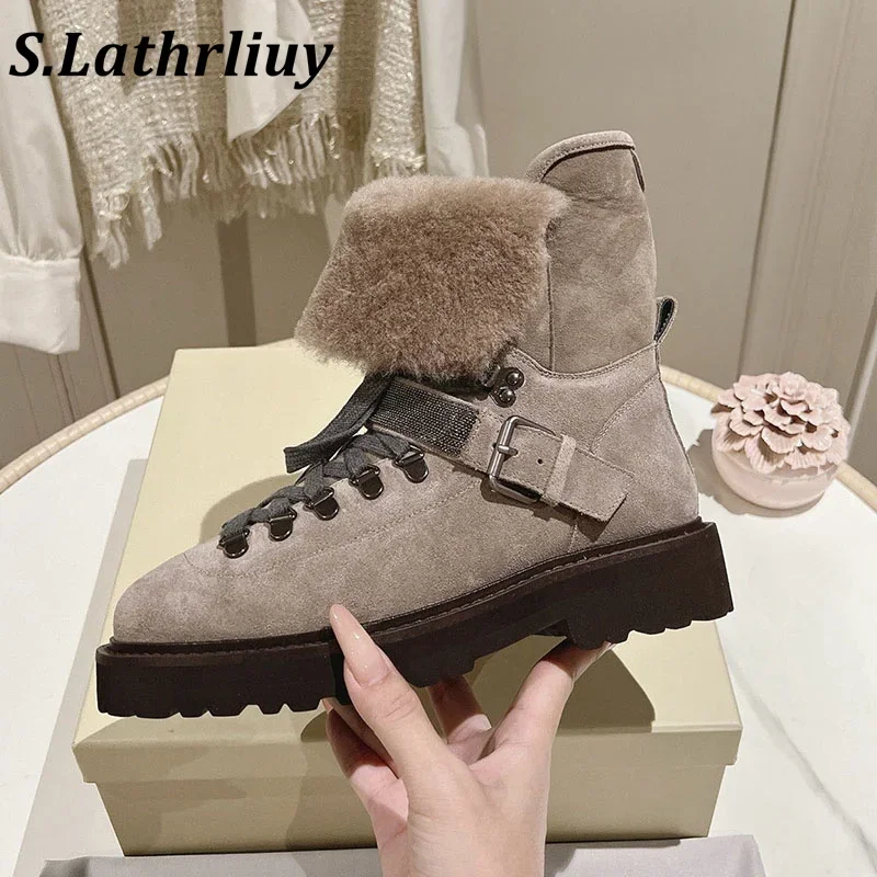 New Winter Women's Round Head Suede Leather Plush Design Short Boots Thick Bottom Multi functional Fashion Commuter Boots