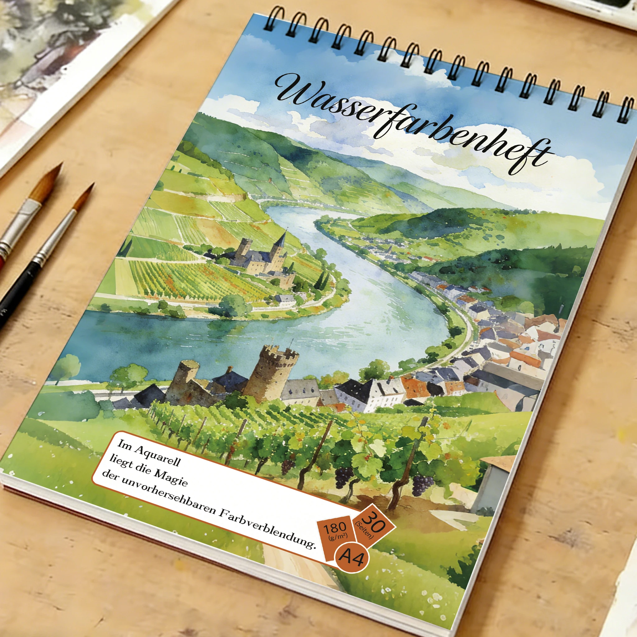 A4 Spiral Professional Watercolor Sketchbook, 30 Sheets 180gsm Acid-Free Paper, River Bend Vineyard & Castle Cover, Ideal for Ar