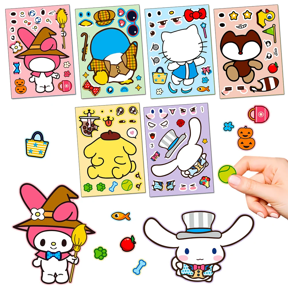 6/12Sheets Cute Sanrio Puzzle Anime Stickers Melody Hello Kitty Make-a-Face Assemble Fun Cartoon Decal Assemble Jigsaw Kid Gift