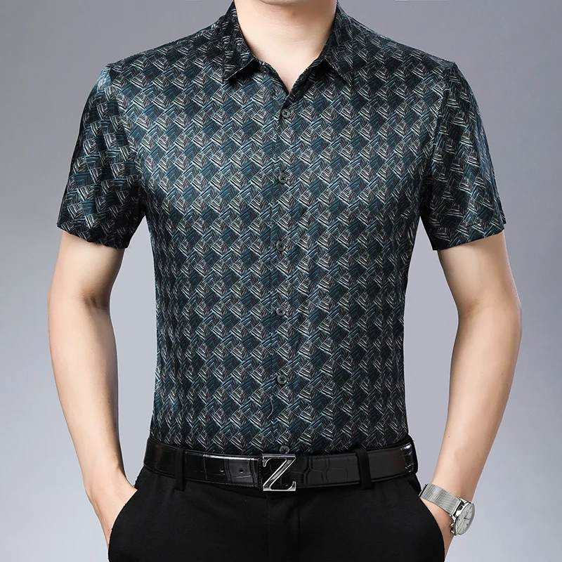 

Plus Size 4XL Luxury Silk Men Shirt Vintage Print Short Sleeved Summer New Fashion Smooth Comfortable High Quality Chemise Homme