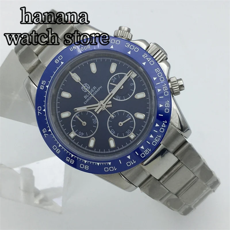 Bliger39mm reloj de cuarzo para hombre, pulsera de acero inoxidable con esfera azul, sin Calendario, cristal de zafiro, ostra, brillo verde