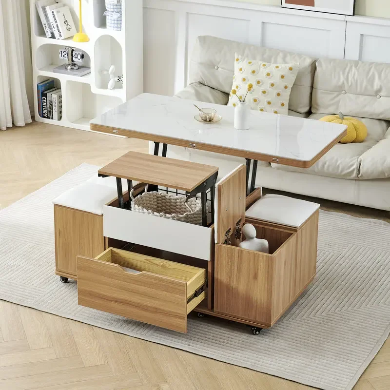 Small Apartment Heightened Telescopic Storage Rock Slab Lifting Coffee Table Dining Table Dual-purpose with Stool