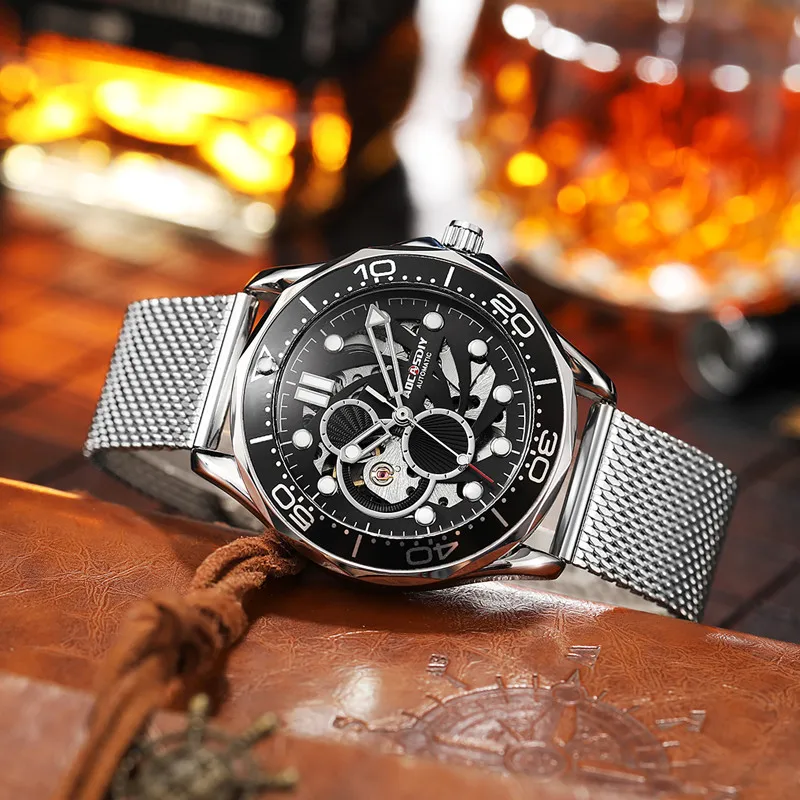 Top Oriental Machinery Brand Luxury Male Watch Hollowed Fashion Business Out Waterproof Stainless Steel Classic Watch For Man