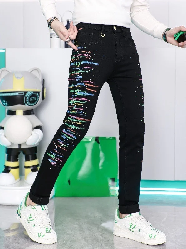 

Men's Slim Fit Denim Jeans Fall Winter New Sle Paint Splatter Ink Pants Trendy Brand Casual Long Trousers Cotton Polyester
