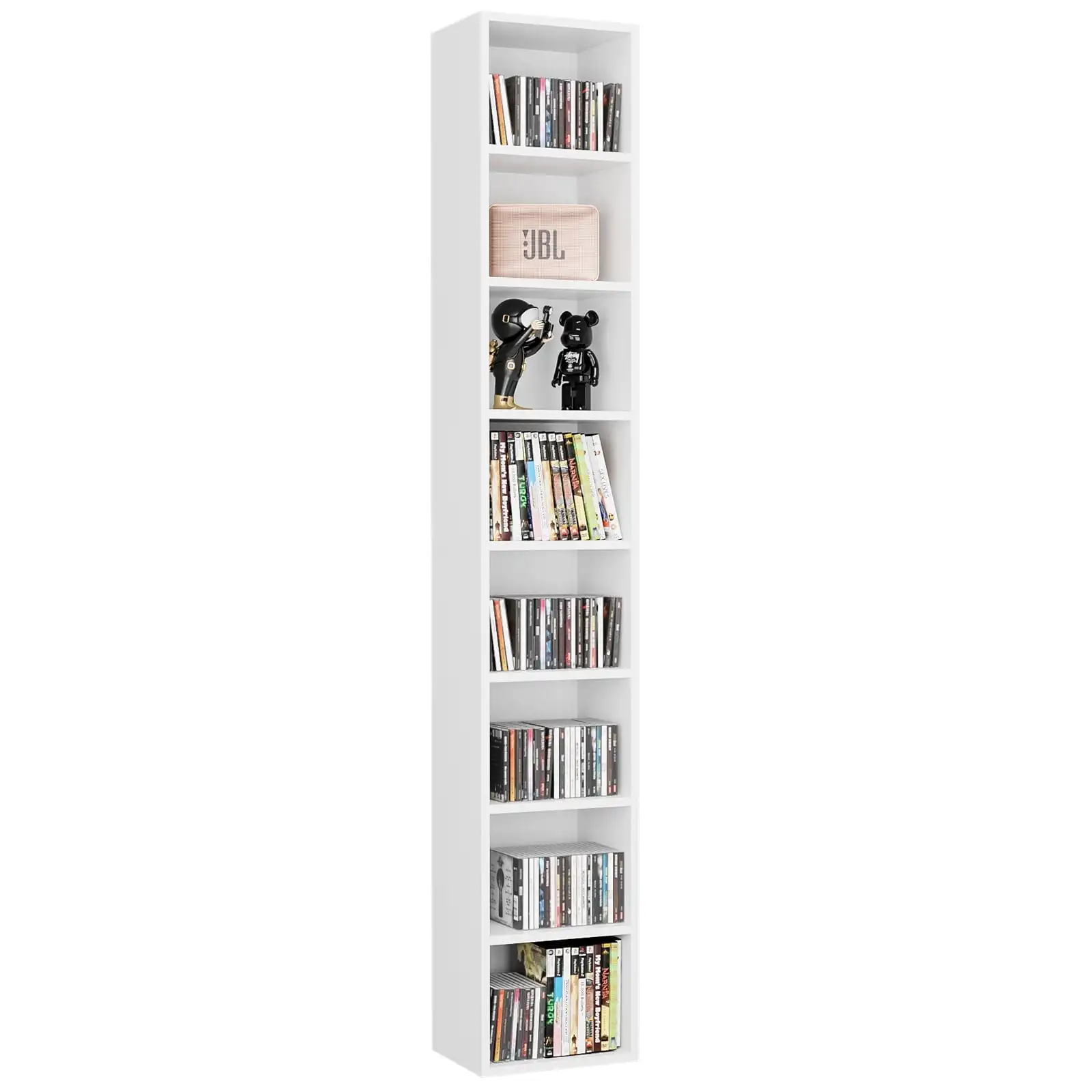 8-Tier Media Tower, CD DVD Media Storage Unit with 4 Adjustable Shelves for Living Room Bedroom, White