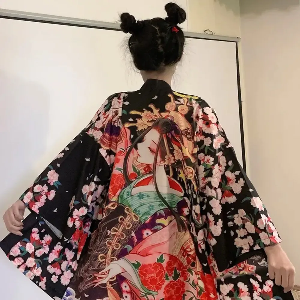 Kimono wanita perlindungan matahari liburan pantai Kimono cetak tradisional Jepang Kimono wanita kain kardigan Kimono lembut nyaman