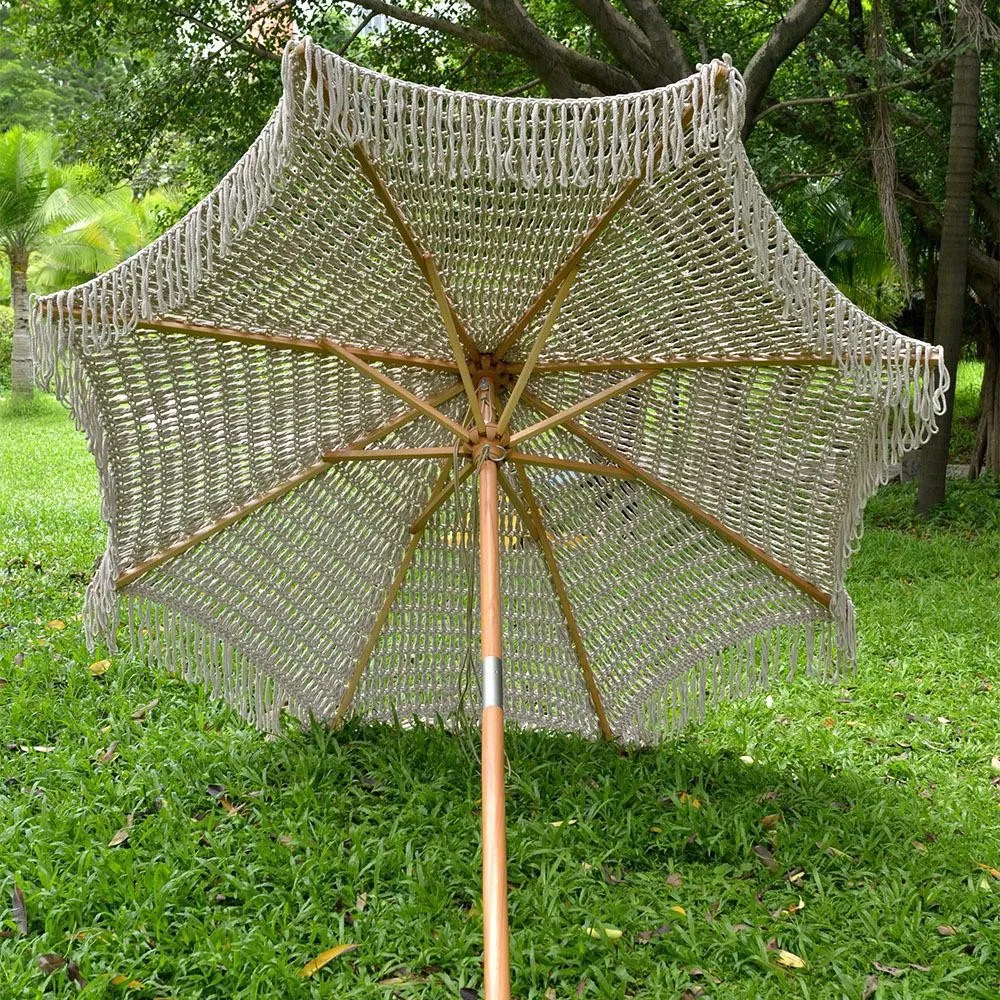Luxury Crochet Waterproof Eco-Friendly Hotel Patio Wooden Umbrella Handmade Tassels Weave 2.5/3mm Parasol Macrame Ropes Fringe