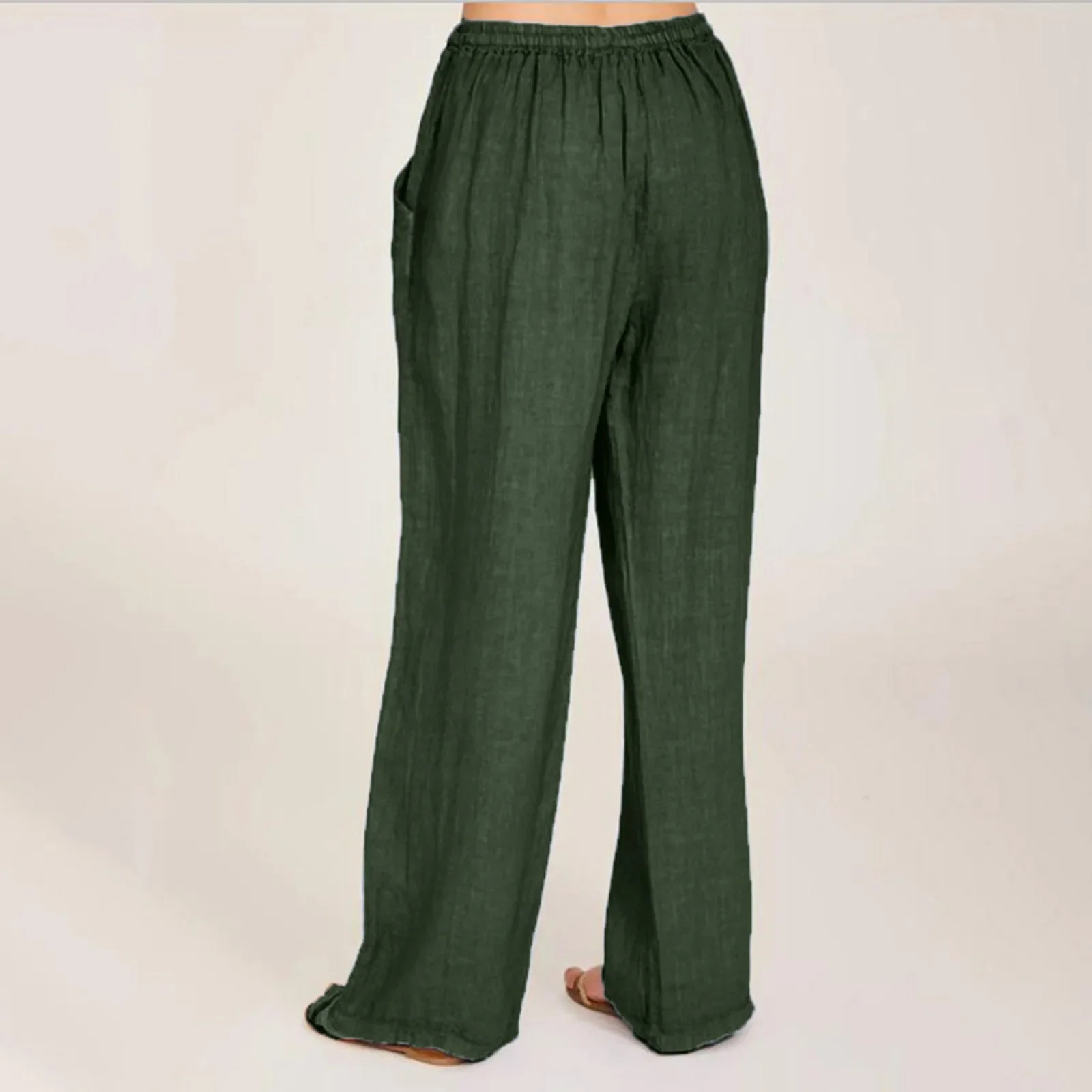 Pantalon droit en coton et lin pour femmes, décontracté, élastique, à lacets, long, taille haute, jambes larges