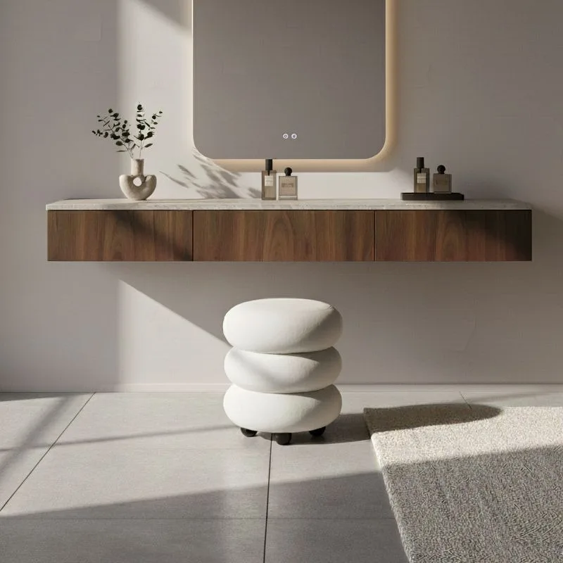 Off-white velvet dressing, small sitting soft stool, small seat, small chair, makeup stool, round stool.
