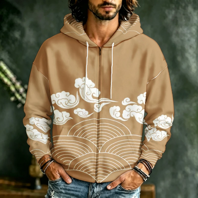 Men Zip Up Hoodie 3D Print Chinese Art Pattern Long Sleeve Drawstring Casual Street Sweatshirt Male Outerwear