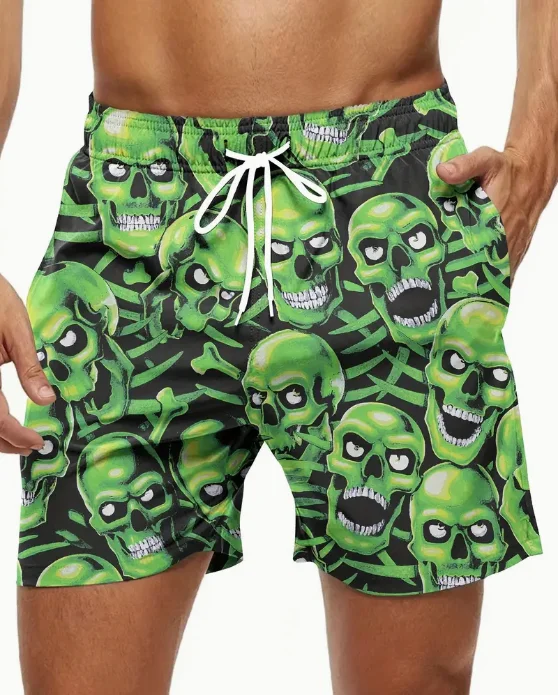 Men\'s Ethnic Style Skull Pattern Board Shorts With Drawstring Chic And Trendy Shorts For Summer Beach Holiday Leisurewear Shorts