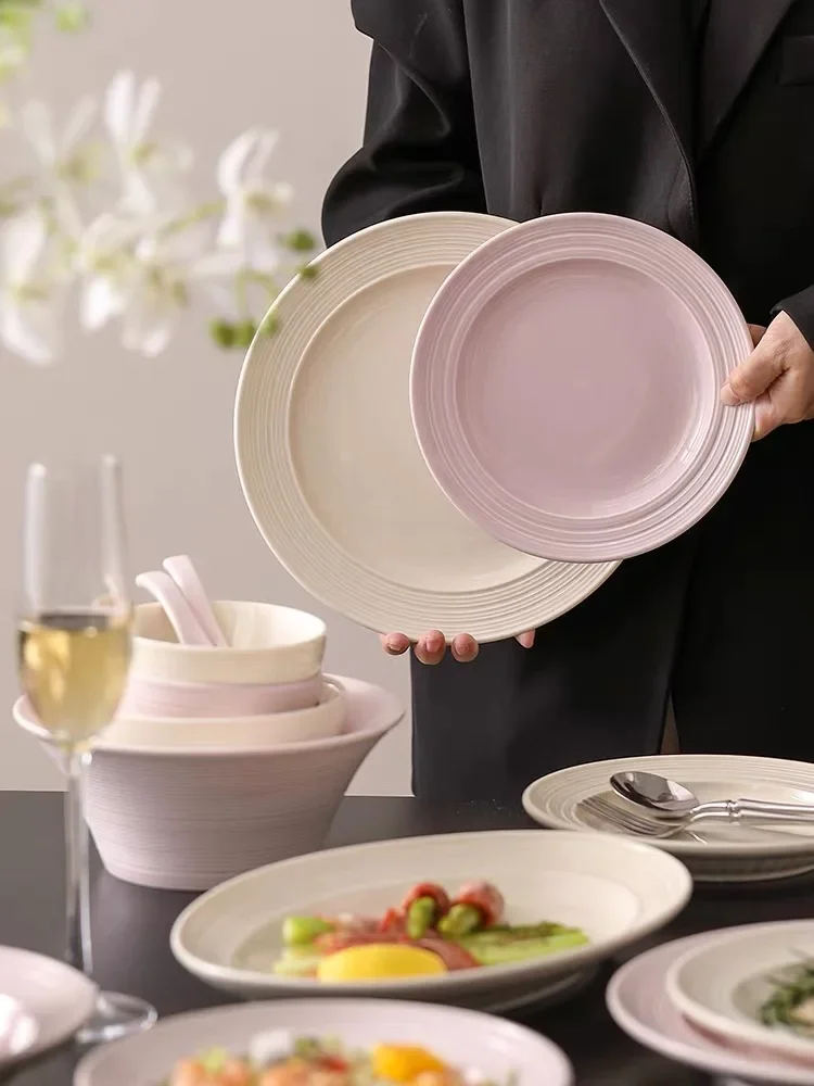Beige Pink Tableware Set High Gloss Ceramic Bowls Plates Dish Full Set Under Glaze Dinnerware For Family Hotel