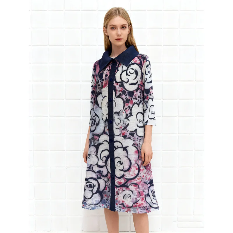 Quali Steil haar Midi Dr met Nine Sve-plooien Bloemenprint Afslankend Anti-aging Dames Faion Velvet Materiaal