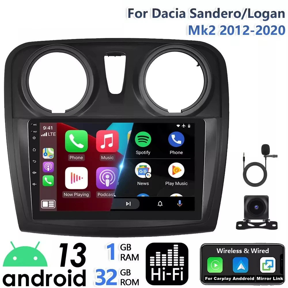 Автомобильная стереосистема 9 дюймов для Renault D-acia Sandero 2012-2020 2 + 32G с CarPlay Android Auto GPS-навигацией Android 14 Автомобильный радиоприемник