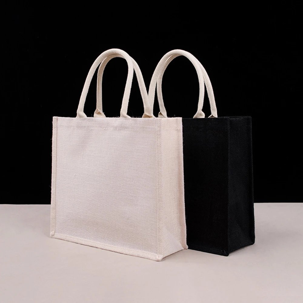 Large Capacity Burlap Tote Bag White Black Shopping Bag Portable Eco-Friendly Tote Bag Unisex Student Handbag Shoulder Bag