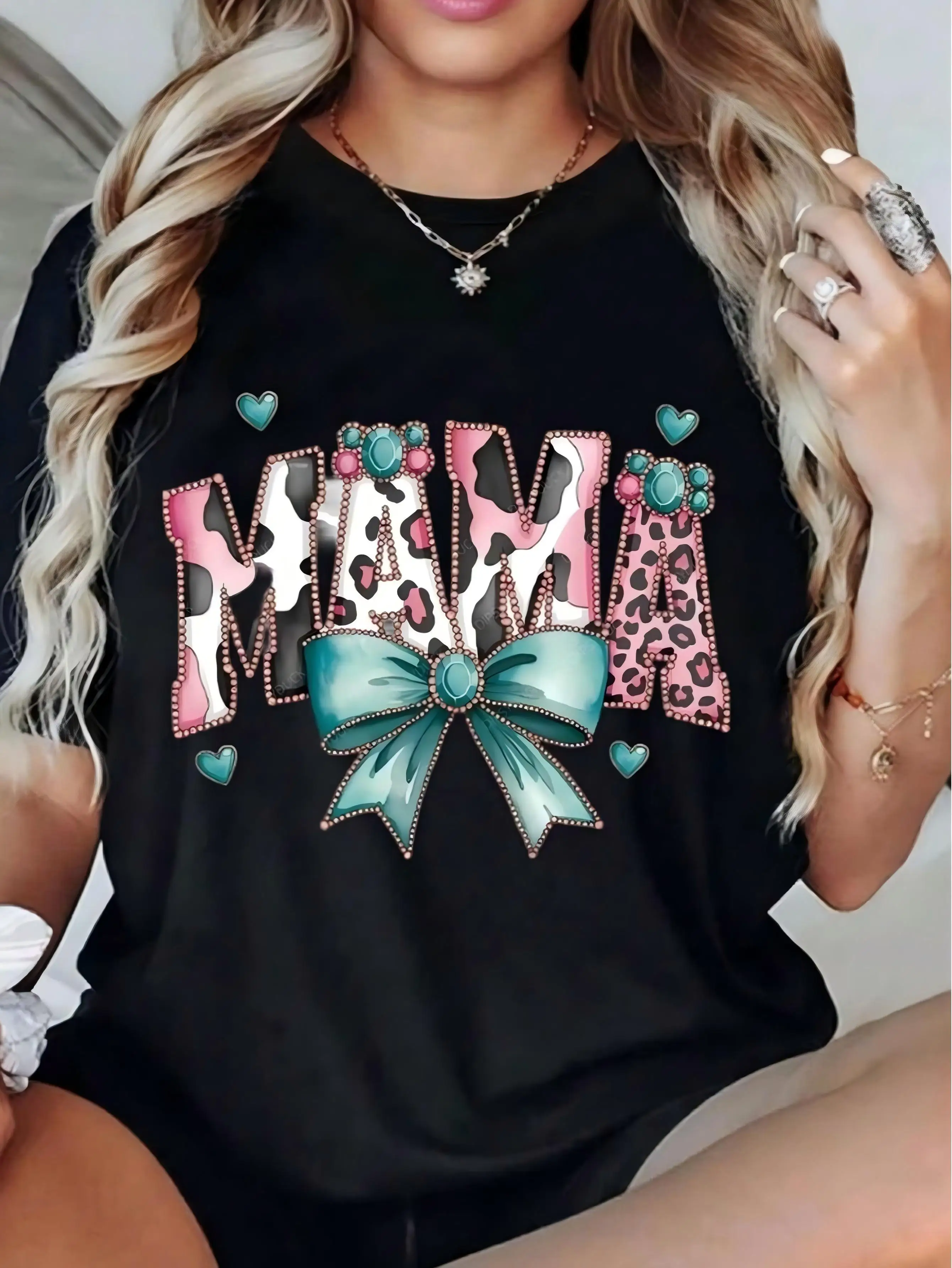 Plus Size Casual Round Neck Short Sleeve T-Shirt With Mama Graphic And Bow Print Durable Pure CottonFabric Tee