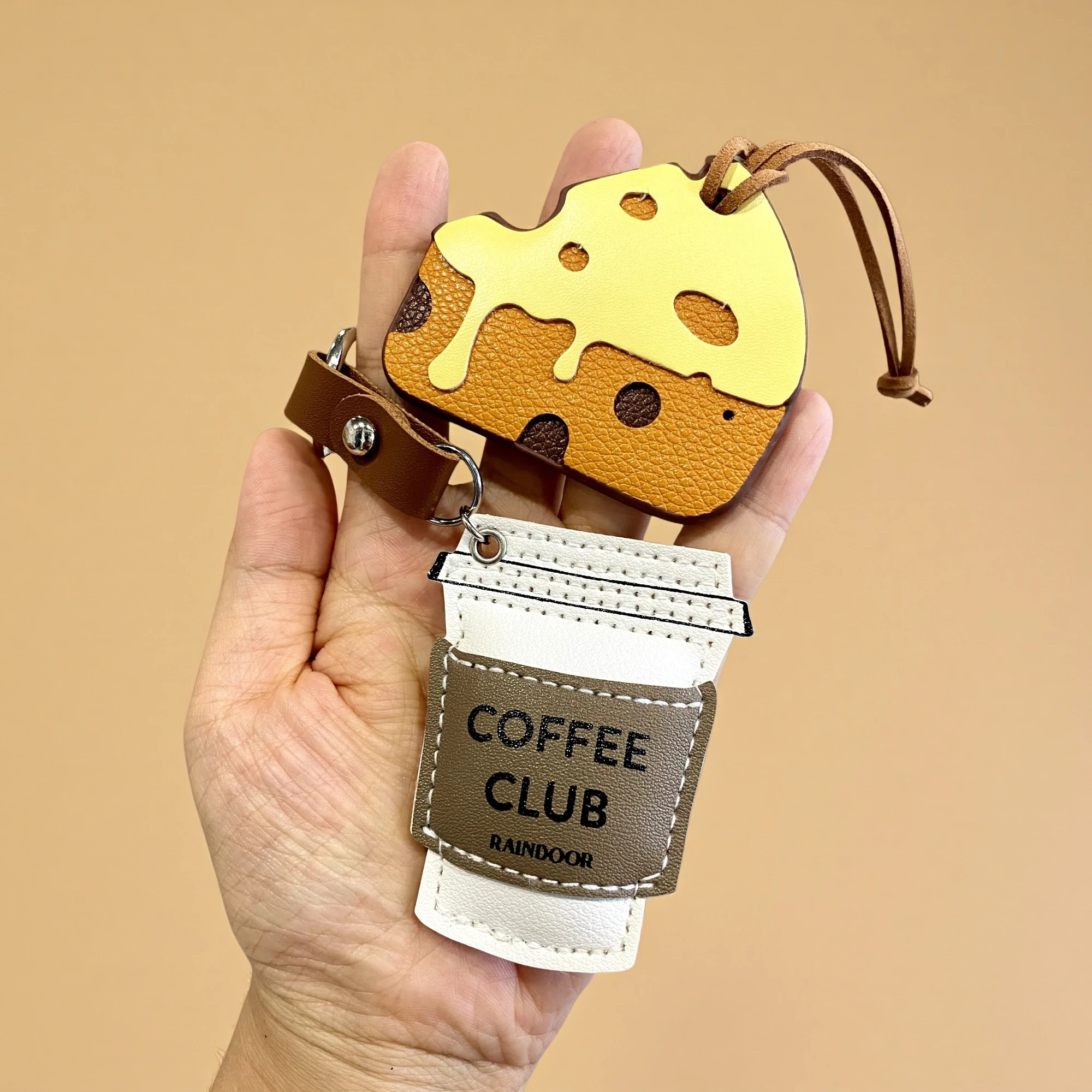 Adorable PU Leather Food Keychain, Cute Coffee Cup, Burger, Cheese Slice & Fried Egg Pendant, Realistic Breakfast Charm, Gift view 3