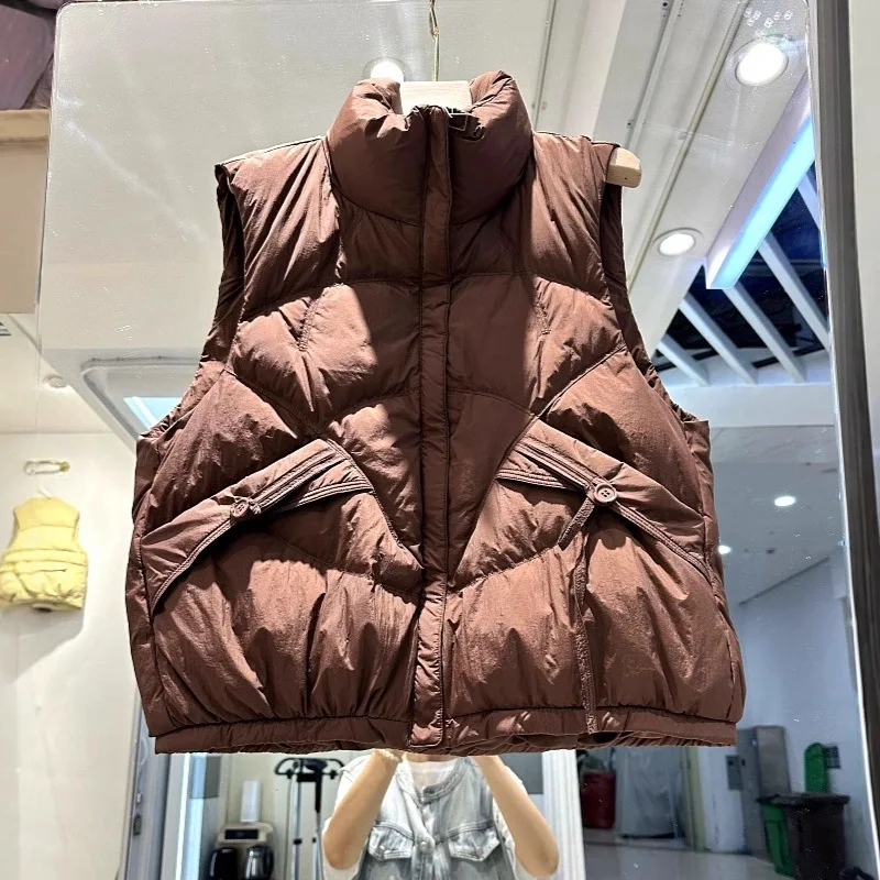 Jesienno-zimowa krótka kamizelka puchowa z wysokim kołnierzem, z białego puchu kaczego, bez rękawów, zapinana na zamek, ciepła kamizelka damska, odzież wierzchnia JJ1080