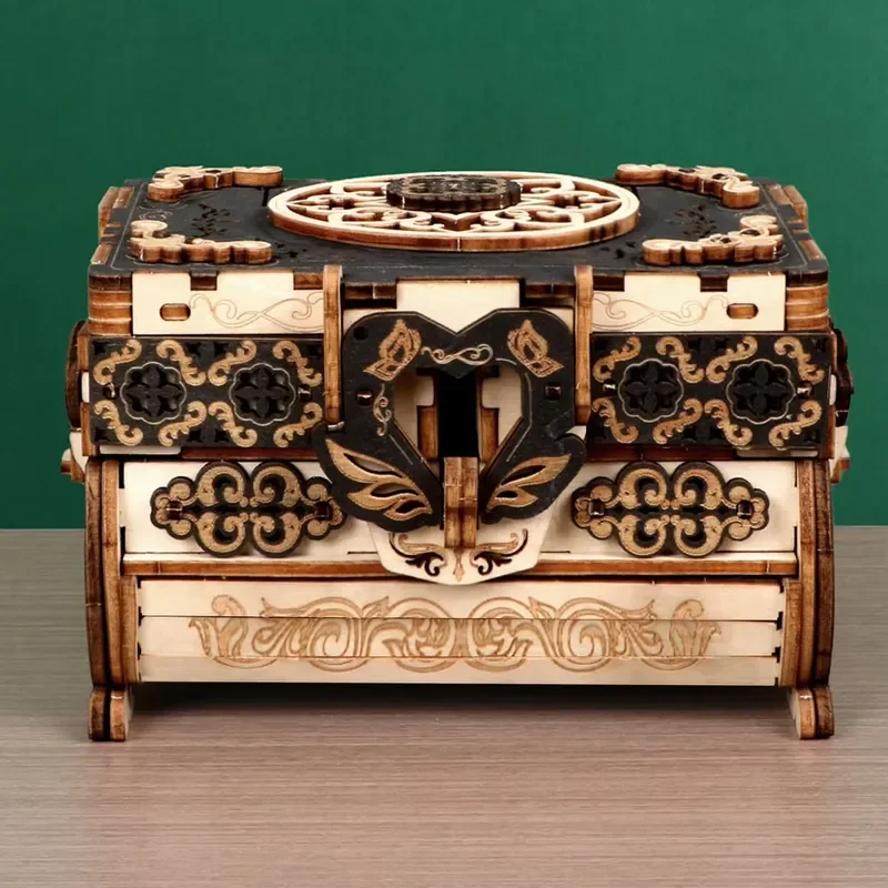 3D Wooden Puzzle Antique Jewelry Box DIY Architectural Model Kit Creative Handmade Craft Educational Toy Gift for Adults Kids