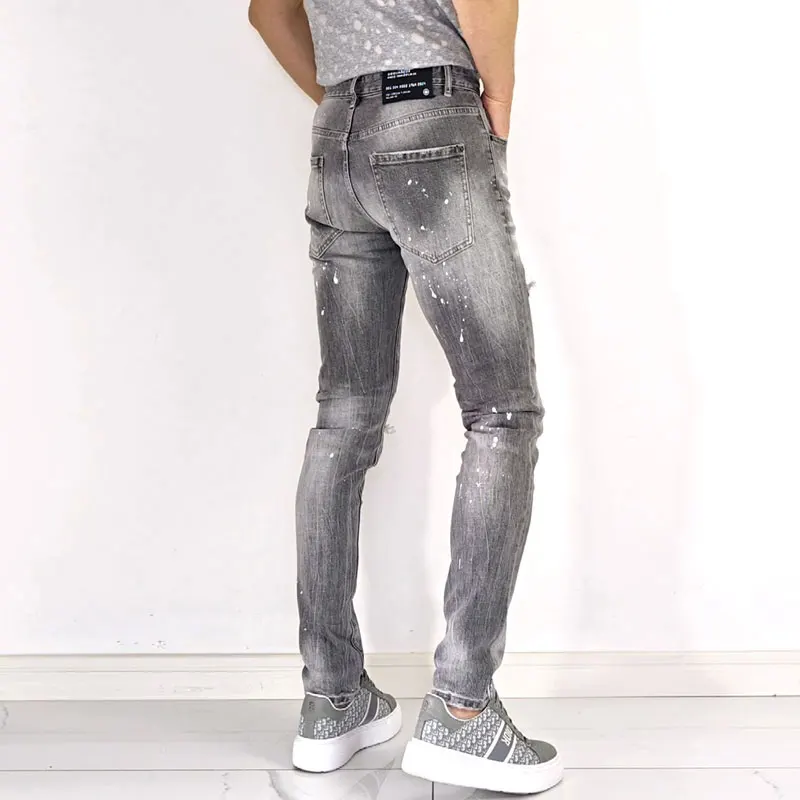 Y2K new jeans, nostalgic stretch slim fit, painted retro light gray jeans, high street designer, hip-hop brand, retro pa