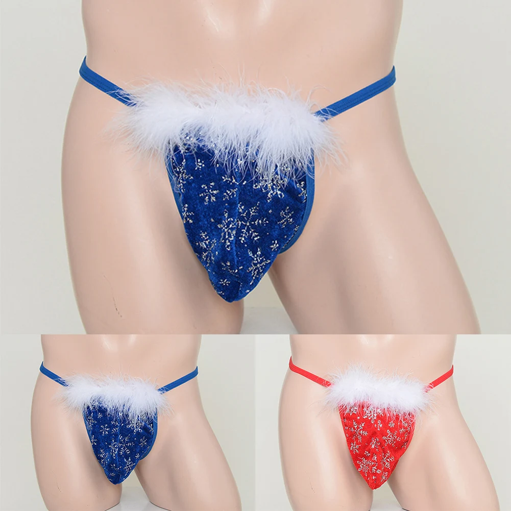 Men's Sexy Transparent T-back Thong Sissy Bikini Underwear Sheer Plush Underwear Christmas Mini Panties Sissy Erotic Lingerie