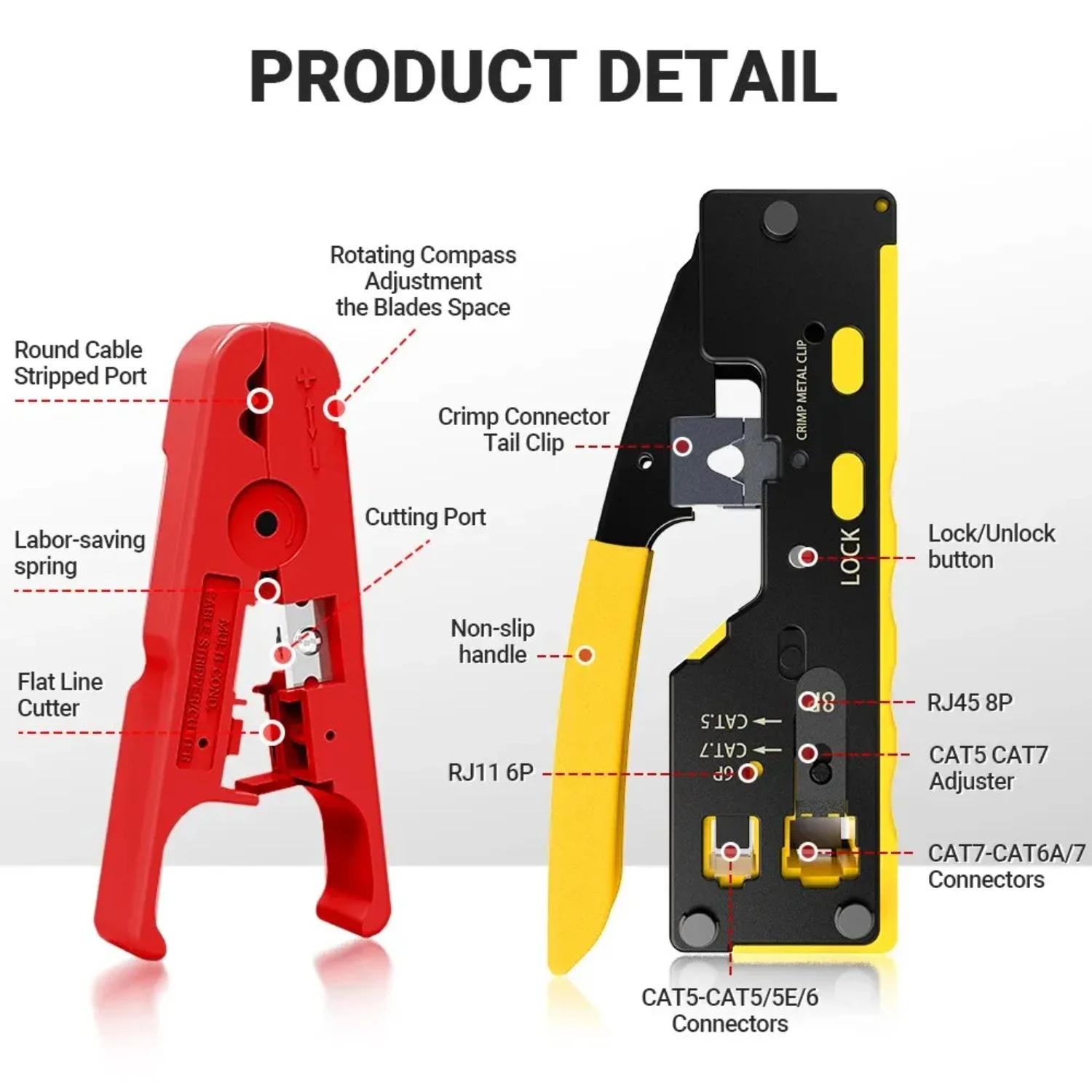 -Type RJ45 Crimper with Wire Strip Tool Set  Crimp / Cut Network CAT8/7/6A/6/5E -STP/UTP & TEL RJ11/12 Modular Cable