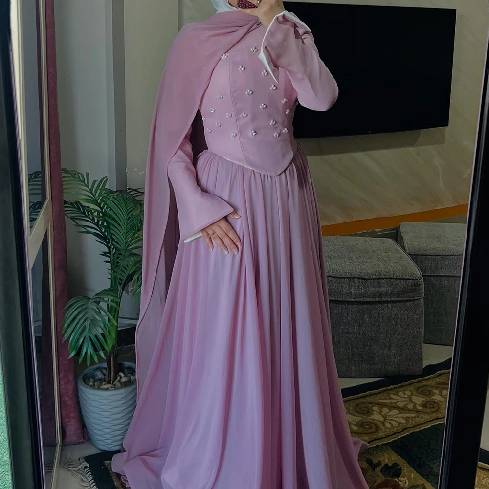 

Customized A-line Evening Dresses Floor-length O-neck Full Sleeve Prom Gown Simple Fashion Beading Stole Draped Party Gown