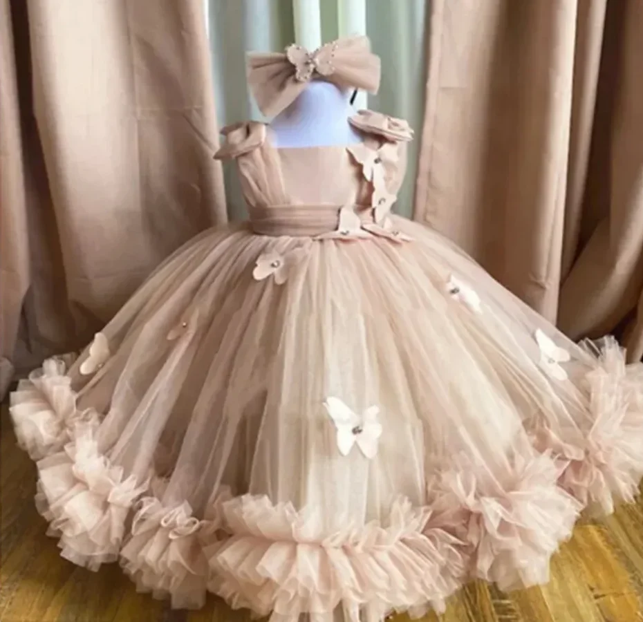 

Pleat Flower Girl Dresses Bow Ball Gown Wedding Party Appliqued Extra Puffy Princess Holy First Communion Dress