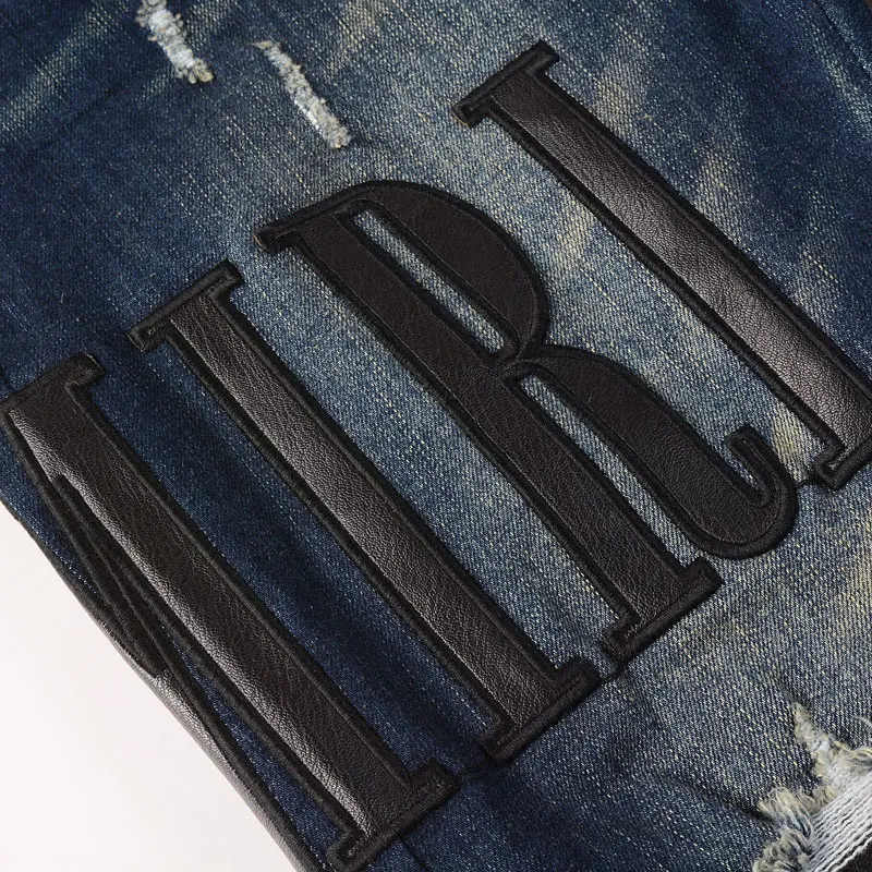 Street Fashion Men's Jeans High Quality Retro Dark Blue Elastic Slim Fit Split Jeans Men's Leather Patches Latest Designer Hip H