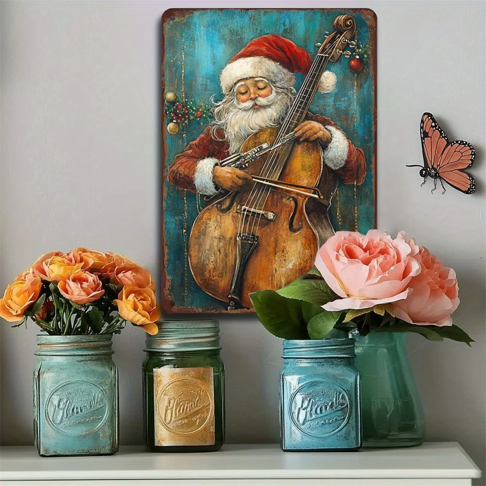 Father Christmas Violin Metal Wall Art Iron Poster Suitable for Home and Garden Holiday Wall Decoration Vintage Interior Artwork