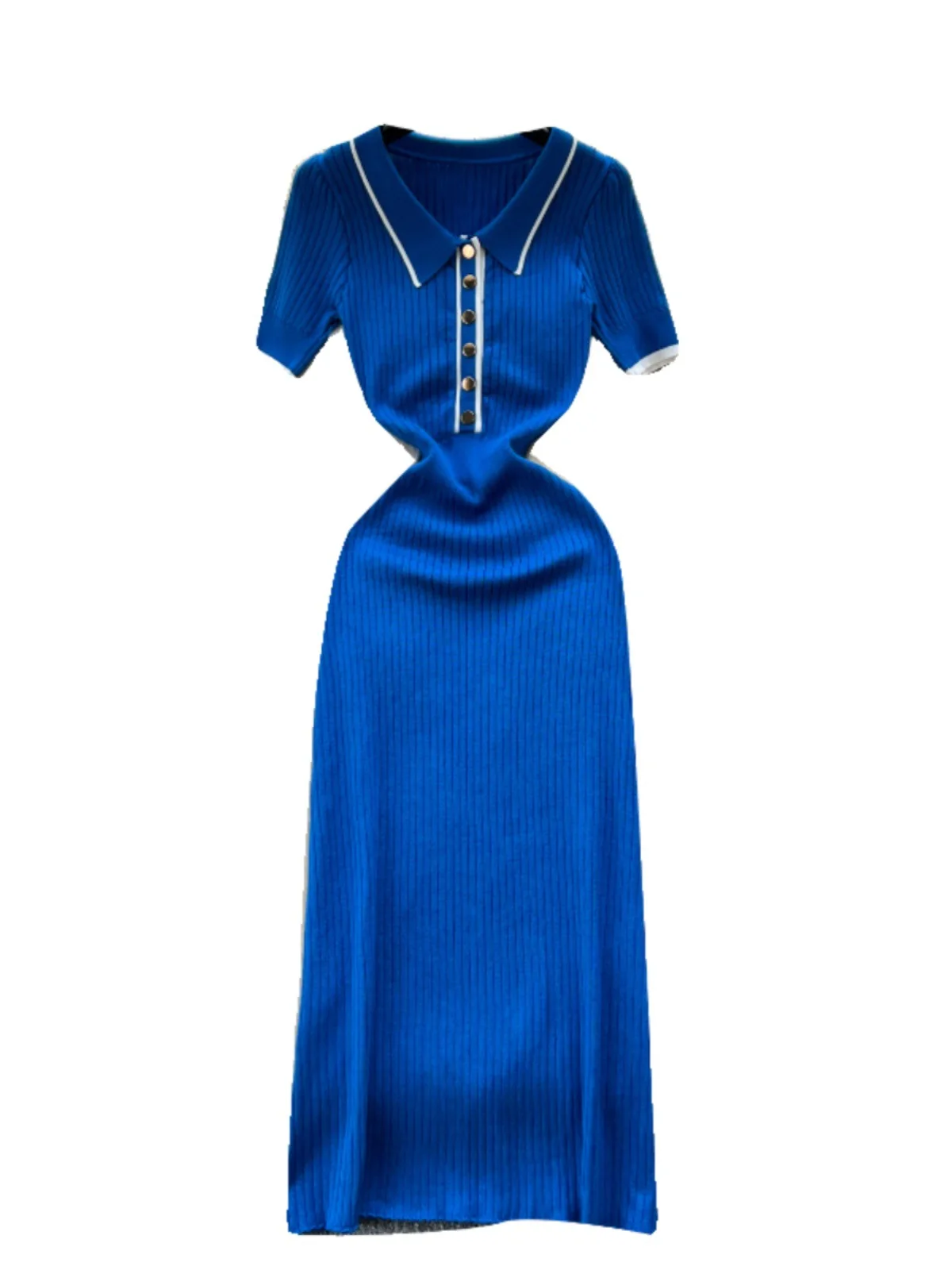 女性のためのエレガントなニットタイトドレス,半袖,ボタン付き,伸縮性,スリムフィット,ポロ,カラーブロック