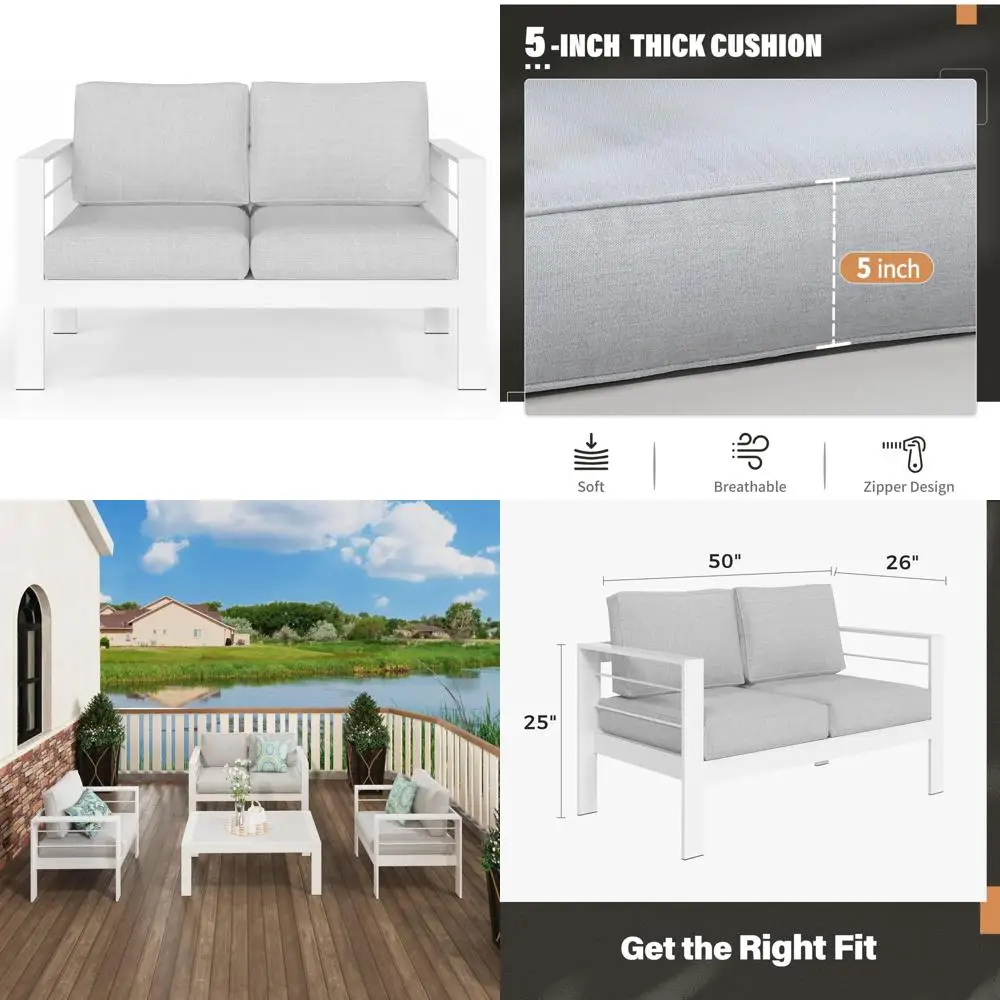 Aluminum Outdoor Loveseat with All-Weather Cushions, Patio Sofa in Light Grey