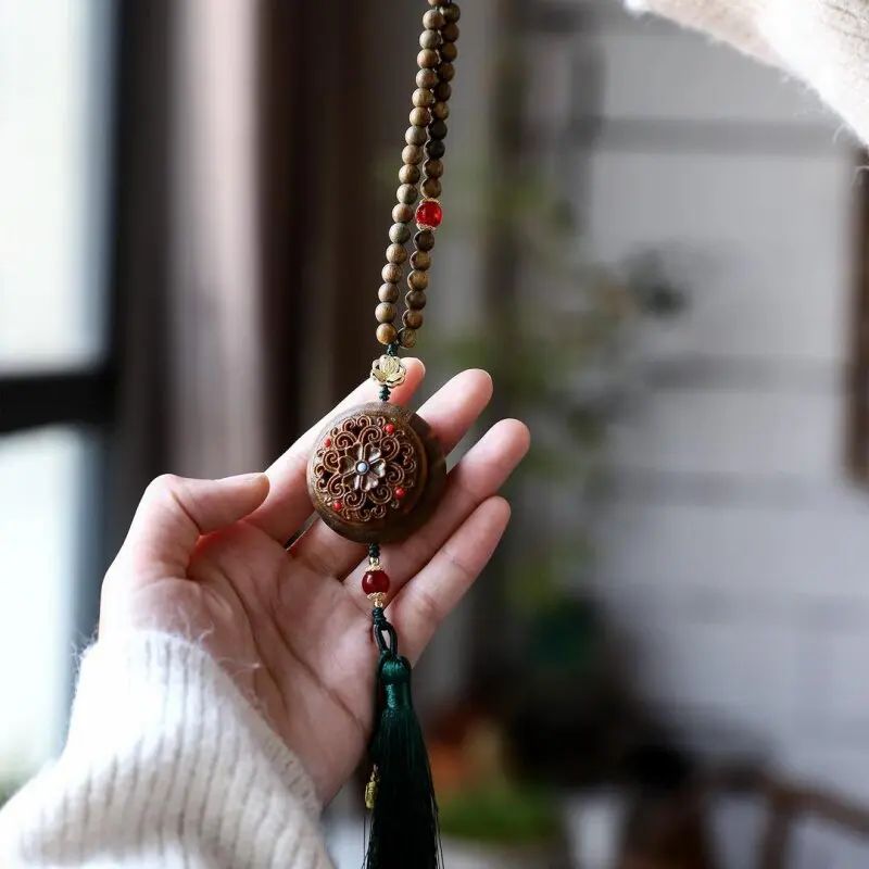 Chinese Traditional Auspicious Green Sandalwood Hollow Out Sachet Pendant Lucky Blessing Wealth Attracting Car Hanging Bag Ornam