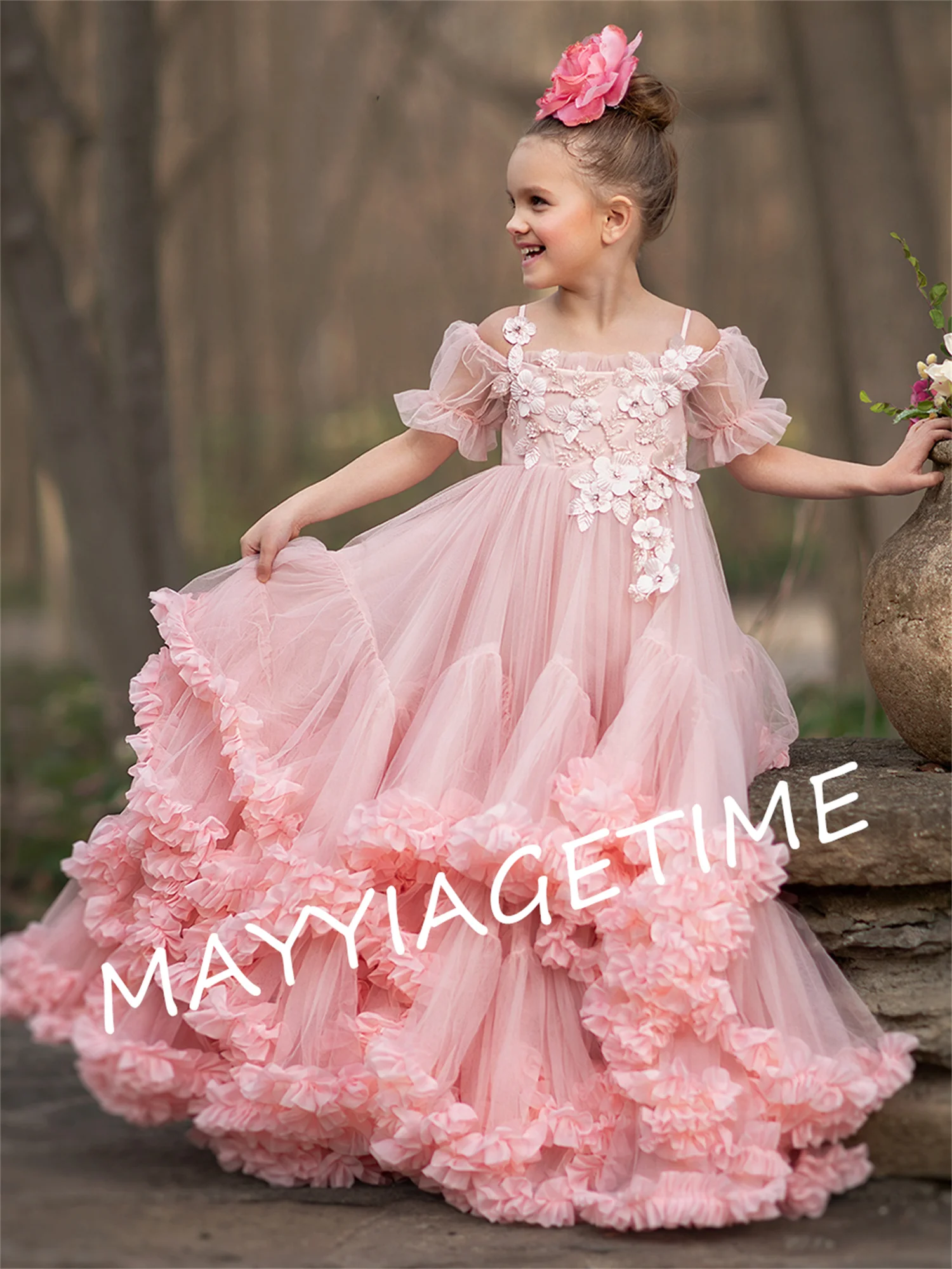 

Gardenwed Tulle Flower Girl Dress Puffy Girls Princess Wedding Party Dress A Line Tiered Girl Princess Dress Wedding