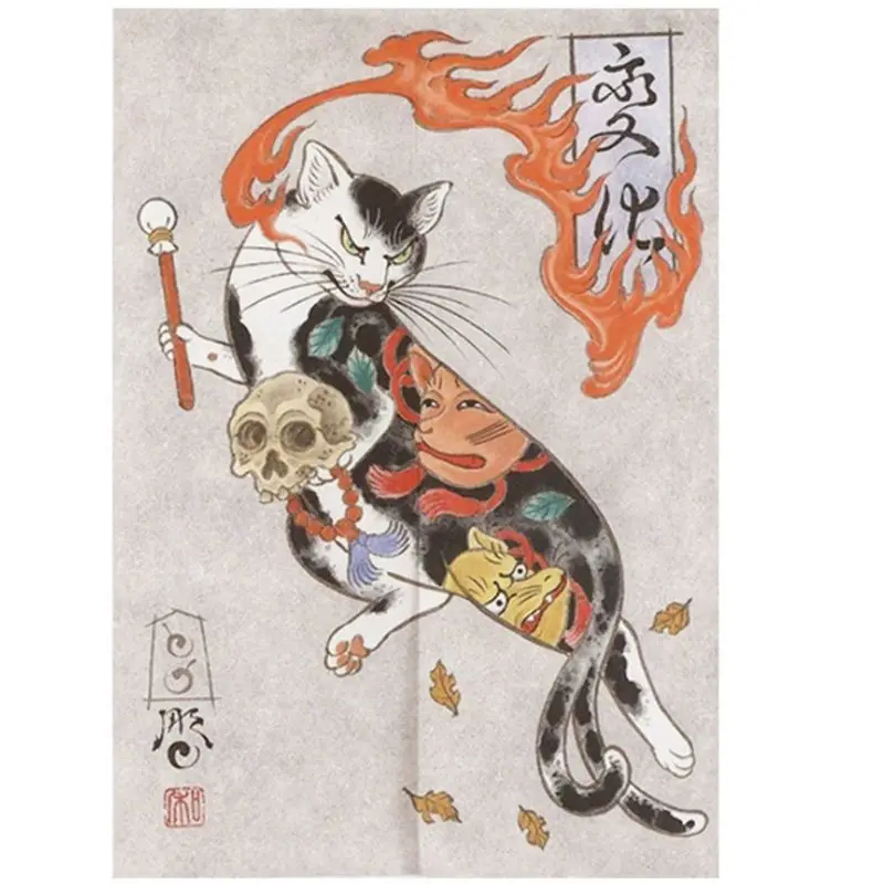 VIKAMA Japanese Ukiyo-e Tattoo Cat Koi Noren Door Curtain Partition Print For Kitchen Bedroom Entrance Home Decor