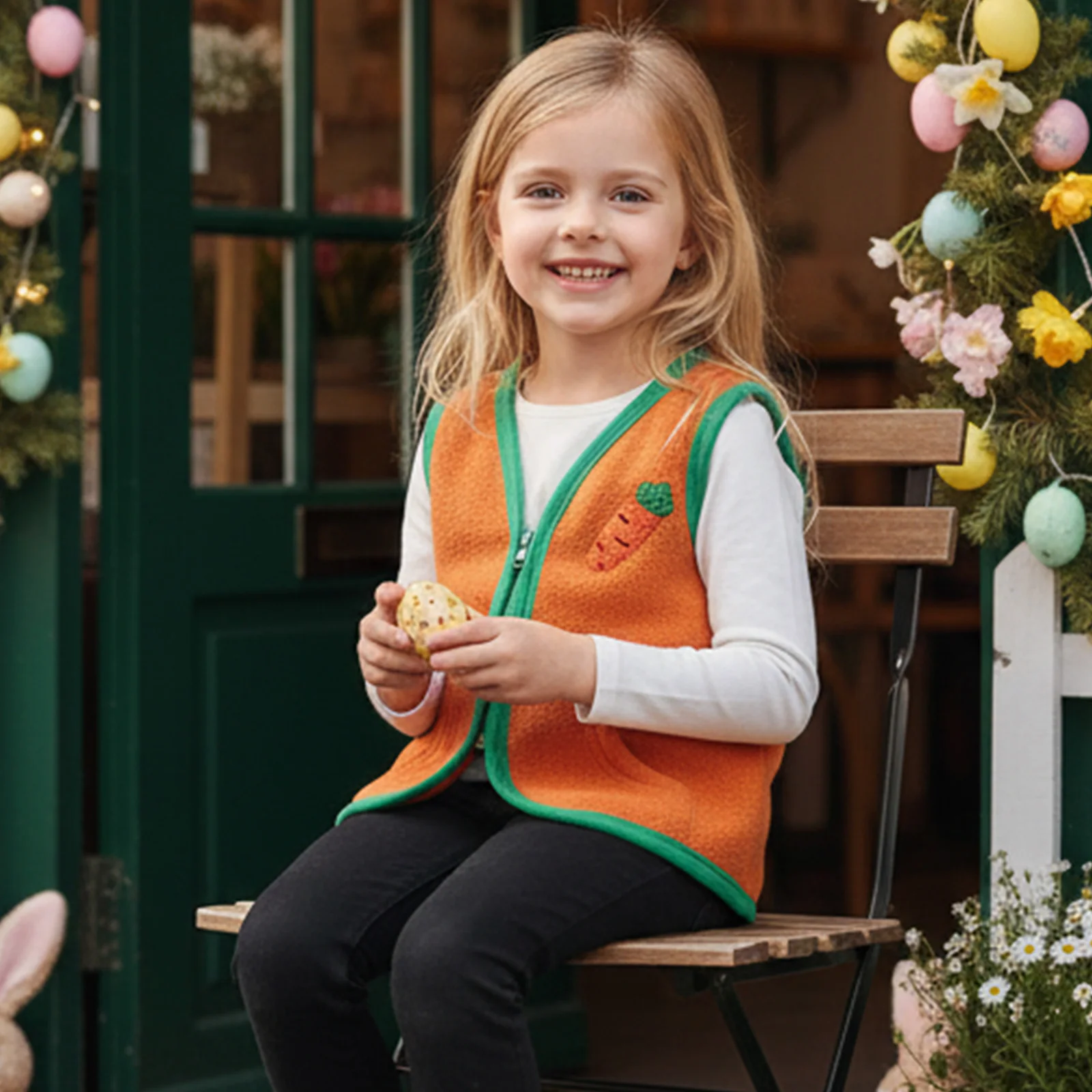 Kids Vest Sleeveless Zipper Closure Contrast Color Rabbit Carrot Jacket Casual Outwear Easter Clothes for Girls Boys