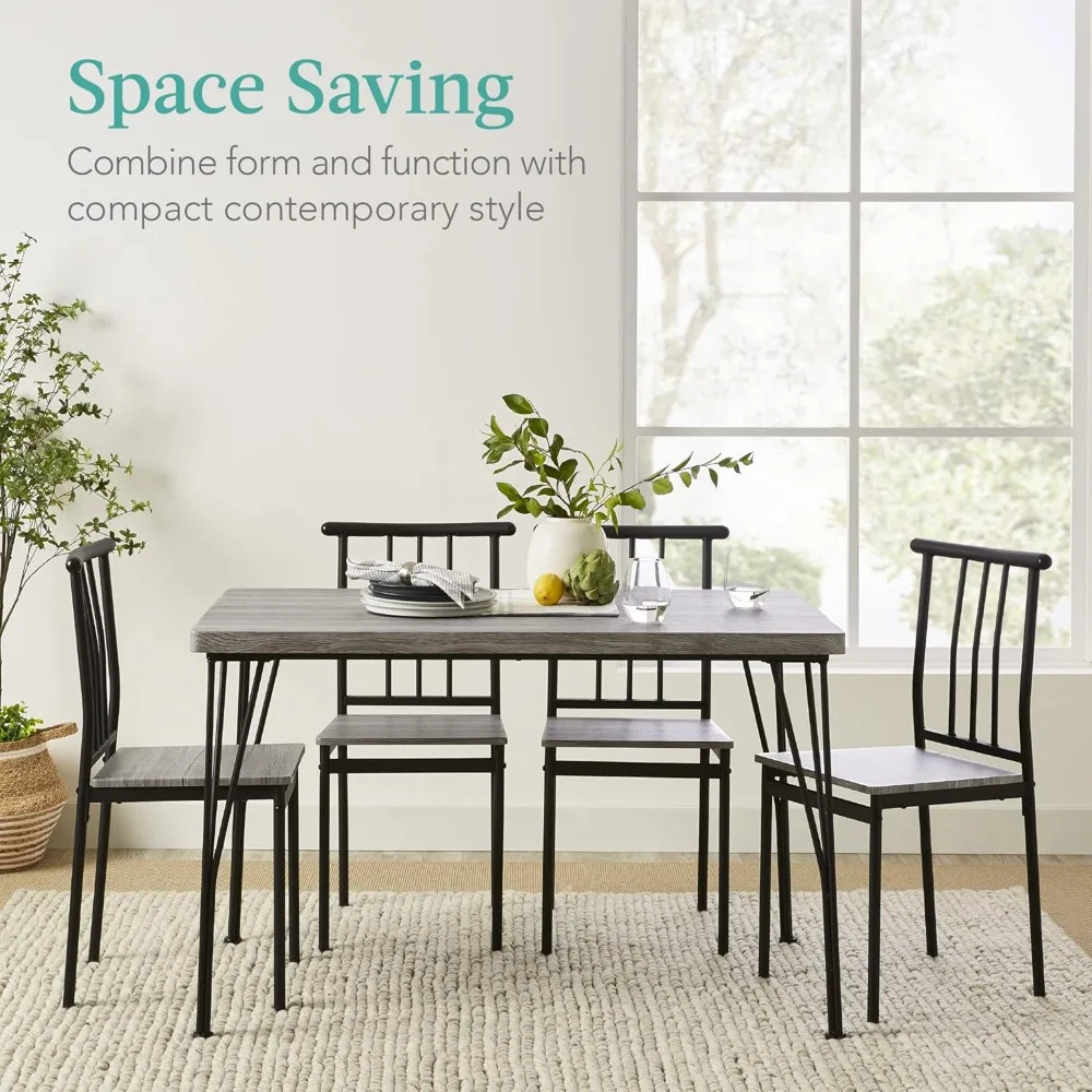 

5-Piece Metal and Wood Indoor Modern Rectangular Dining Table Furniture Set for Kitchen, Dining Room