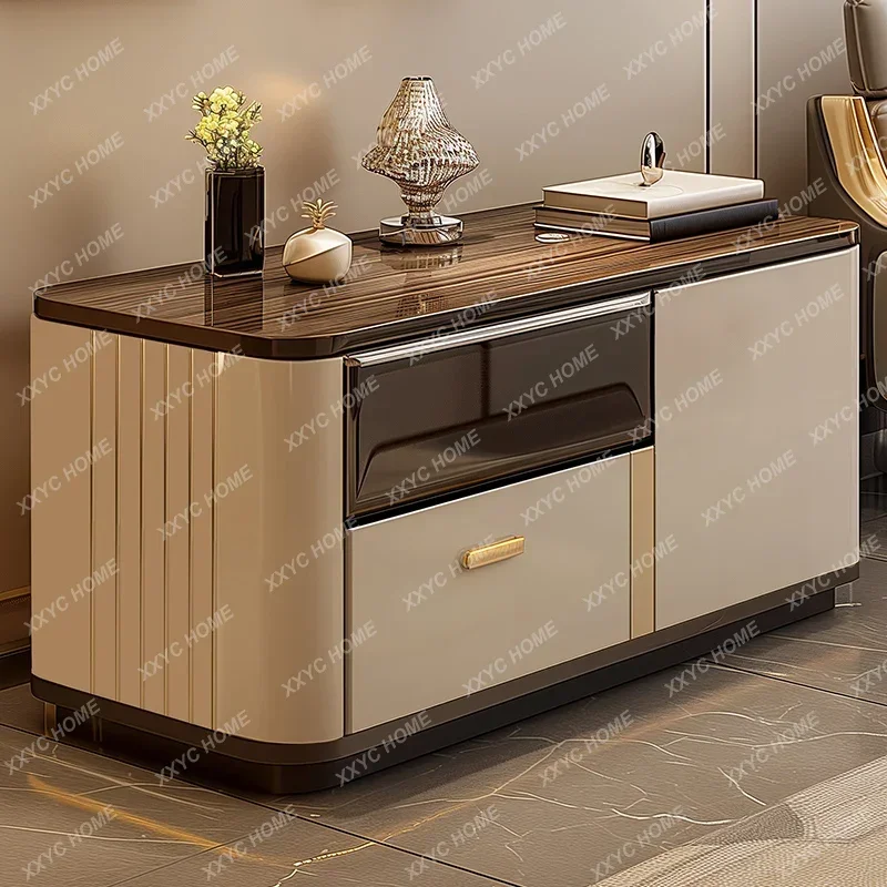 JJY Mueble de esquina para sala de estar con encimera de madera y almacenamiento lateral, diseño de losa de roca estrecha