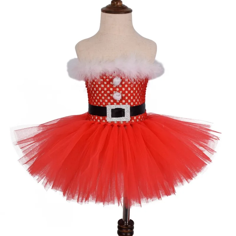 Christmas Festive Fluffy Tulle Tutu Dress Matching Decor Headband Mesh A-line Gown Holiday For Stage Birthday Photo Party Outfit