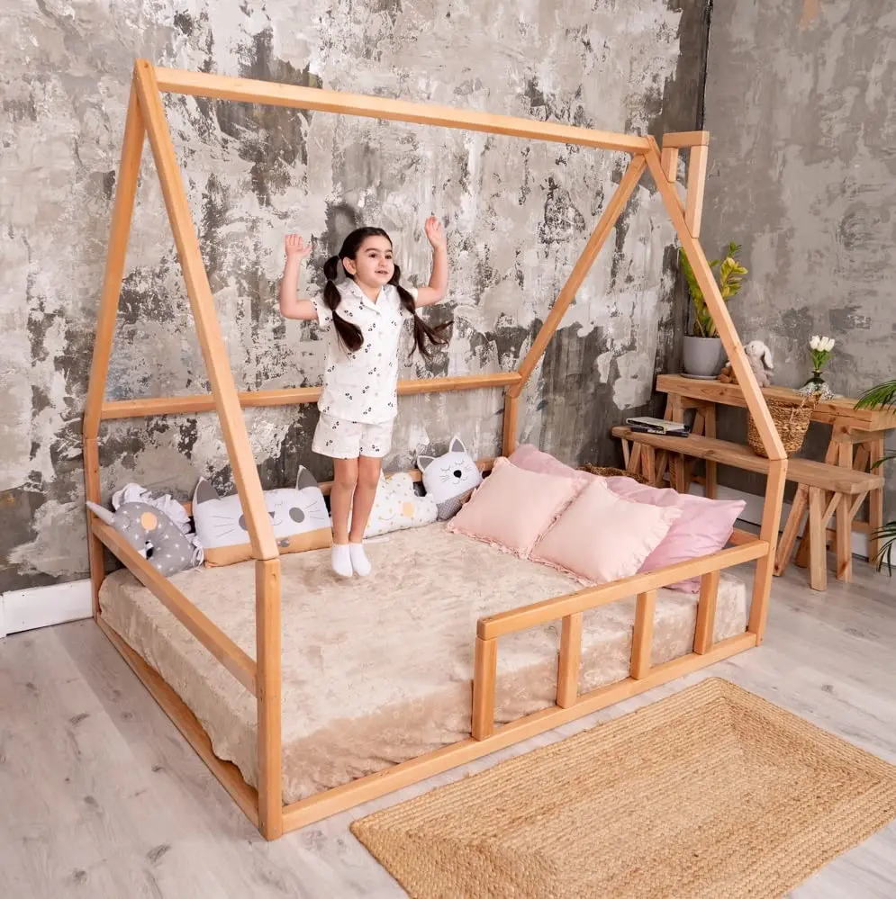 BUSYWOOD Montessori Platform Bed Toddler  Kids Floor  House Frame Natural Wood Daybed Frame  Unique  (Model 1, N