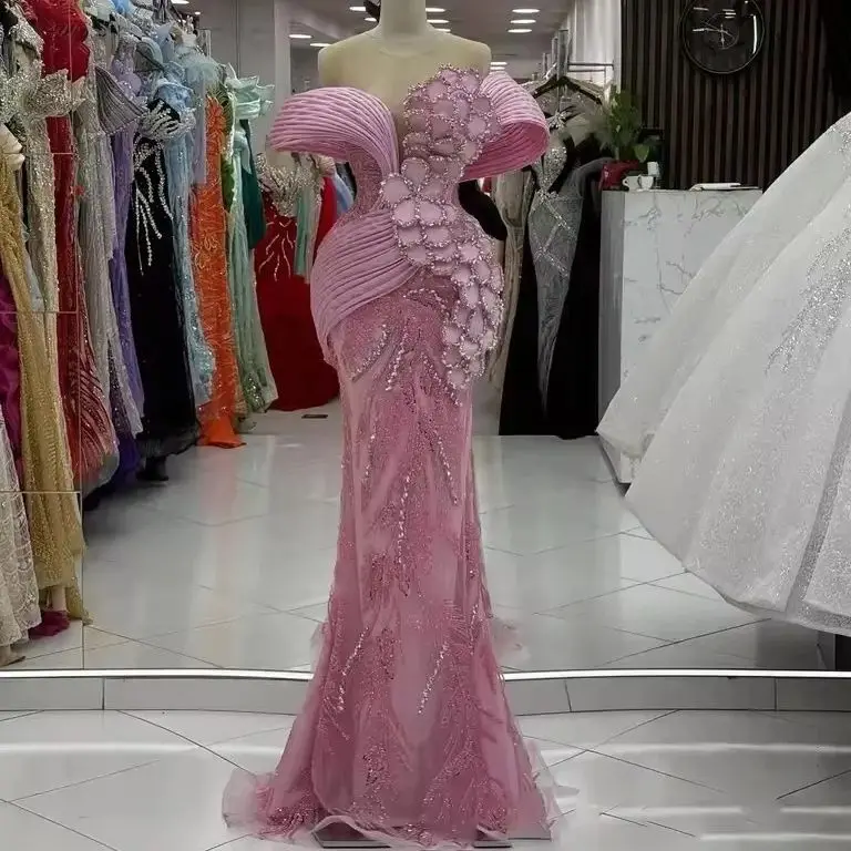 

Розовое платье для выпускного вечера с открытыми плечами, индивидуальные вечерние платья с 3D листьями и кристаллами, блестящие вечерние платья русалки, Robe De Soiree