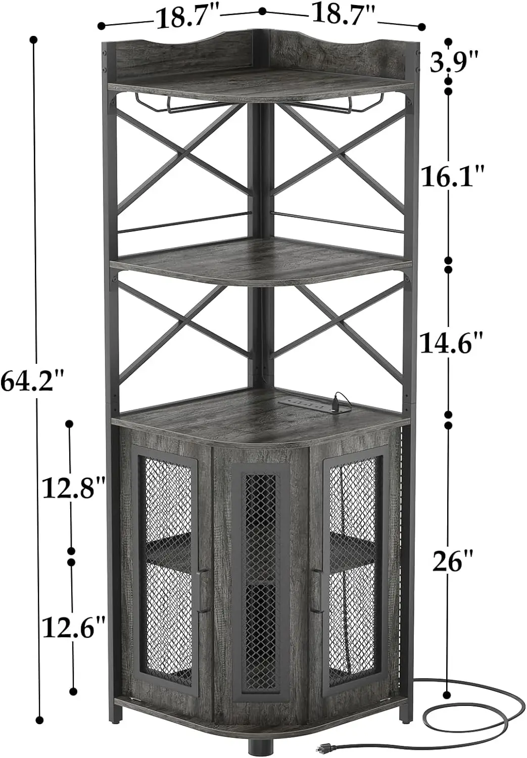 Industrial Corner Bar Cabinet with Power Outlet LED Strip Glass Holder 5-Tier Liquor Bar Unit Home Storage Display Sync Music