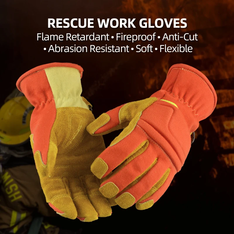 XYEHS 1 Pair/ 2 Pcs Flame Retardant Anti-Cut Safety Work Gloves Cowhide Aramid Fabric Fire-Proof Heat Insulated Emergency Rescue